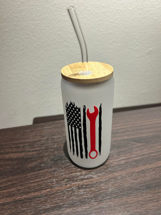 American Flag Red Wrench Glass with Straw