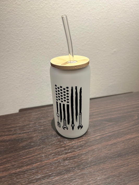 American Flag Tools Glass with Straw